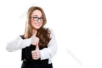 Smiling girl in glasses shows gesture excellent