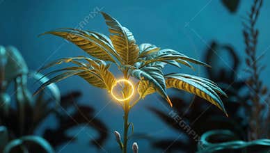 Glowing plant with neon circle artfully illuminates botanical garden in a surreal landscape