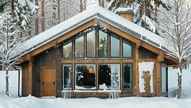 Cozy wooden cabin nestled in a snowy winter forest with large windows and a pitched roof design