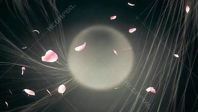 Abstract background with falling pink petals and swirling lines creating a dreamy atmosphere