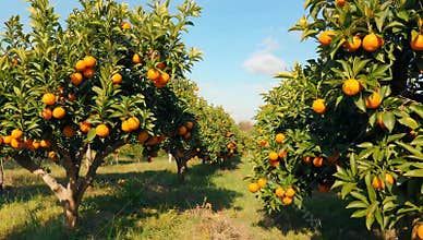 Lush orange grove showcases vibrant fruit trees under a bright blue sky on a sunny day