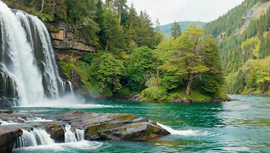 Majestic waterfall cascades into a vibrant turquoise river surrounded by lush green forest