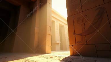 Ancient Egyptian tomb interior with bright sunlight streaming through doorway. Stone chamber with hieroglyphics on walls and
