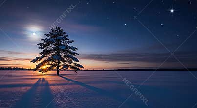 Solitary pine tree stands silent in a vast snow covered field, embracing the mystical winter solstice light beneath a