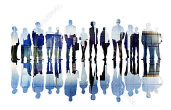Silhouettes of Business People Overlayed with Cityscape