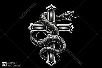 Serpent Entwined Ornate Cross Engraving