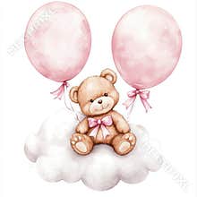 A delightful watercolor illustration of a cute teddy bear on a cloud, surrounded by balloons