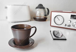 Morning coffee, alarm clock and toaster