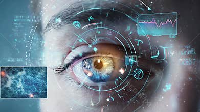 technician adjusts augmented reality eye interface with holographic overlay during calibration test