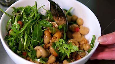 Step by step Serving marinated mushrooms cooking process. salad with mushrooms arugula, olive oil, pickled onions