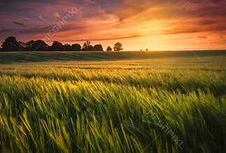Sunset over wheat fields