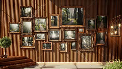 Eclectic Framed Photo Collage Installed on Warm Wooden Slat Wall by Outdoor Seating Area