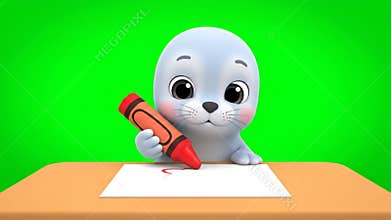 Adorable Gray Seal with Red Crayon Drawing a Star Animation on White Paper Isolated by Green Screen Background on a Brown Tabletop