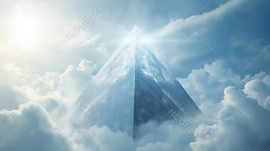 Pyramid in Clouds With Bright Light on Top Shines in the Sky