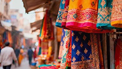 Indian Street Market Scene with Colorful Textiles and Fabrics
