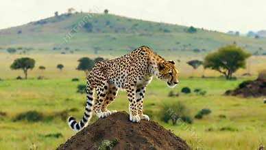 Majestic cheetah surveys the african savanna from atop a mound in its natural habitat