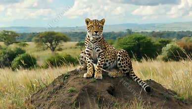 Majestic leopard rests atop a mound in the African savanna under a cloudy blue sky today