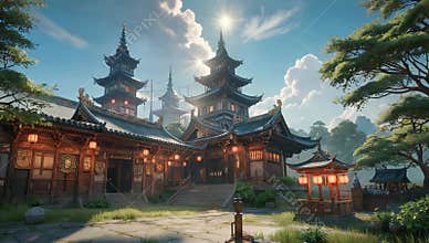 Serene japanese temple complex with pagodas under a bright sky on a sunny day landscape view