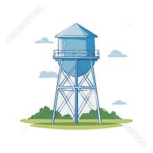 Blue water tower with conical roof and metal support structure, surrounded by green foliage and clouds