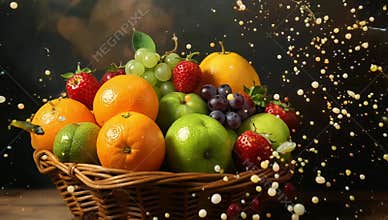 Fresh fruit basket with oranges strawberries and grapes splashed with juice in dark setting