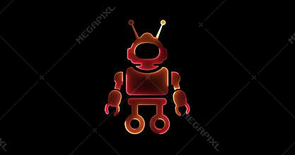 Illuminated red and orange robot icon with antennae on black background android automaton