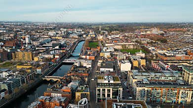 Aerial drone view of bridges over the River Liffey in Dublin