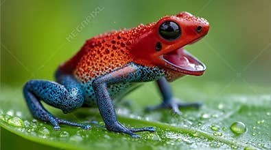 Macro Close-Up of a Bright Red and Blue Poison Dart Frog on a Wet Green Leaf