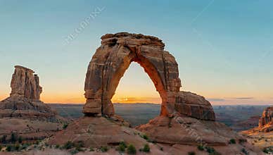 Delicate arch glows as the sun sets in arches national park in utah landscape scenery