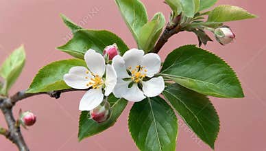 Delicate apple blossoms bloom on a branch against a soft pink background in springtime light