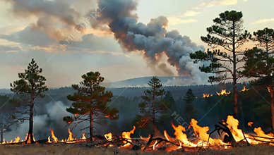 Wildfire burning through a forest landscape with smoke billowing into the sky at sunset