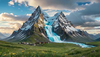 Majestic mountain with cascading waterfall and snowcapped peaks under a cloudy blue sky view