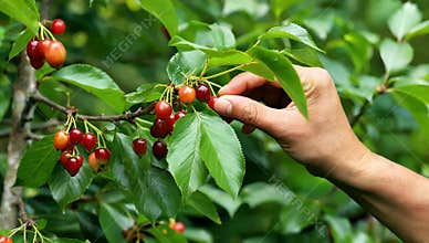 Hand picking ripe cherries from a cherry tree branch in a lush green garden setting