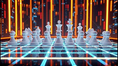 White chess pawn knight bishop rook queen king illuminated futuristic grid with glowing data lines vertical panels reflected