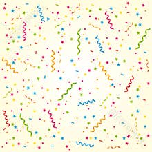 Party streamers and confetti. Sweet birthday card or celebration background.