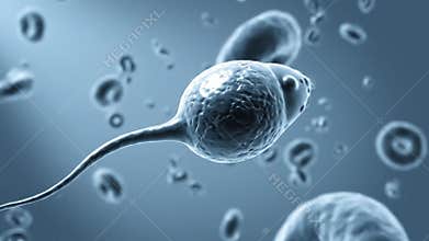 Detailed 3D Macro View of Sperm Cells Swimming in a Blue Fluid with Red Blood Cells and Microscopic Organisms Floating in the