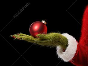 Grinch-Inspired Holiday Scene with Festive Decoration and Costume Sleeve