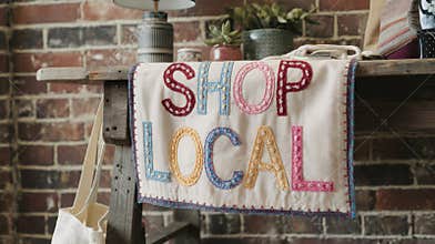 Shop Local Sign on Rustic Wooden Table in Front of Brick Wall