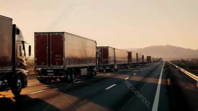 Long convoy of semi trucks driving on the highway at sunset