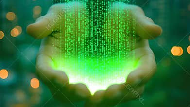 Two hands are open to the viewer, displaying a vibrant cascade of green digital data. The