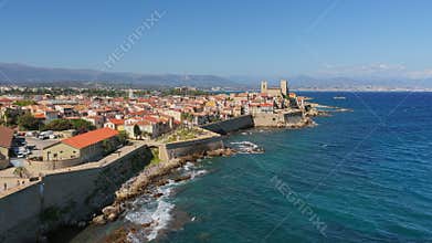 Aerial drone view of Antibes Old Town and its coas