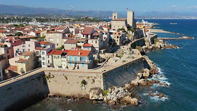 Aerial drone view of Antibes Old Town with terraco