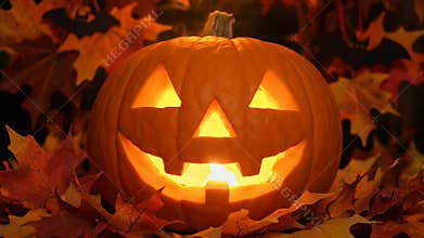 Smiling Jack-O\'-Lantern in Leaves