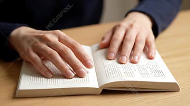 Close up shot of a visually impaired individual using their hands to read a book written in braille, a tactile writing system