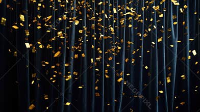 Golden Confetti Falls Against Dark Velvet Curtain Backdrop at Event