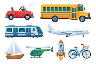 Cartoon transport collection with car, school bus, metro train, airplane, sailboat, helicopter, rocket