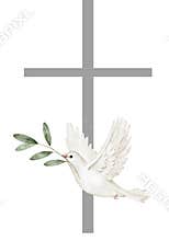 Watercolor illustration of a grey cross and white dove in flight, holding olive