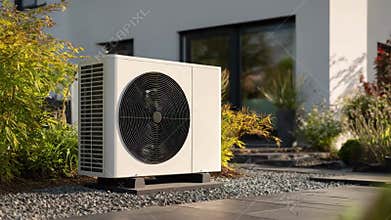 Medium shot of a modern heat pump unit installed outside a newly built home showcasing sustainable energy use and
