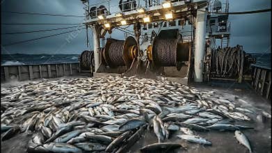 Fish tumble and scatter across the deck of a fishing boat during unloading at sea in the morning light