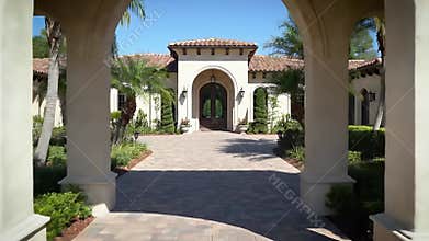 Sunlit Arched Walkway in a Mediterranean Courtyard with Lush Greenery