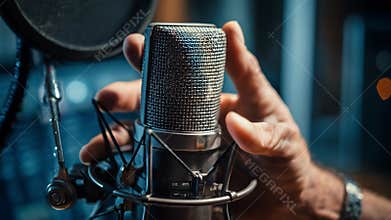 Technician adjusting a vocal microphone in a sound studio to optimize audio clarity and ensure precise calibration for